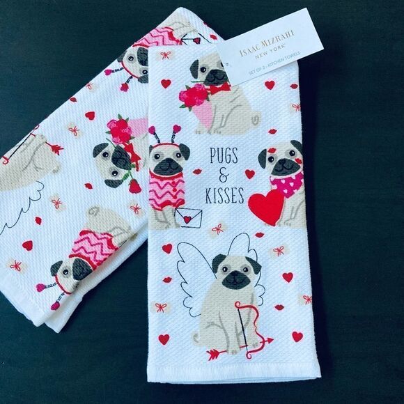 Valentine Pugs & Kisses Cupid Pug Dog Kitchen Dish Towels Set - Picture 1 of 3